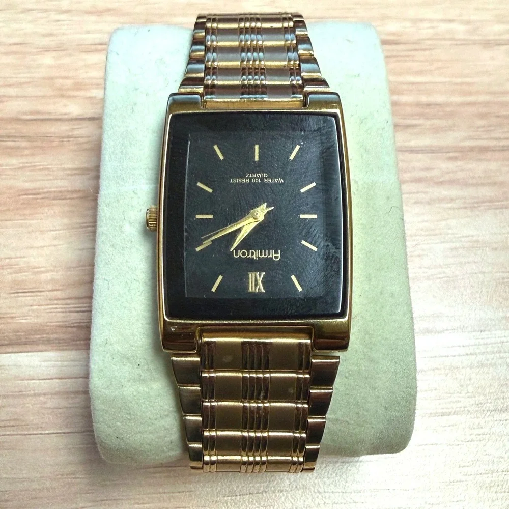 Vintage Armitron Gold Tone Rectangular Watch Quartz Water‎ Resist 100 Works!